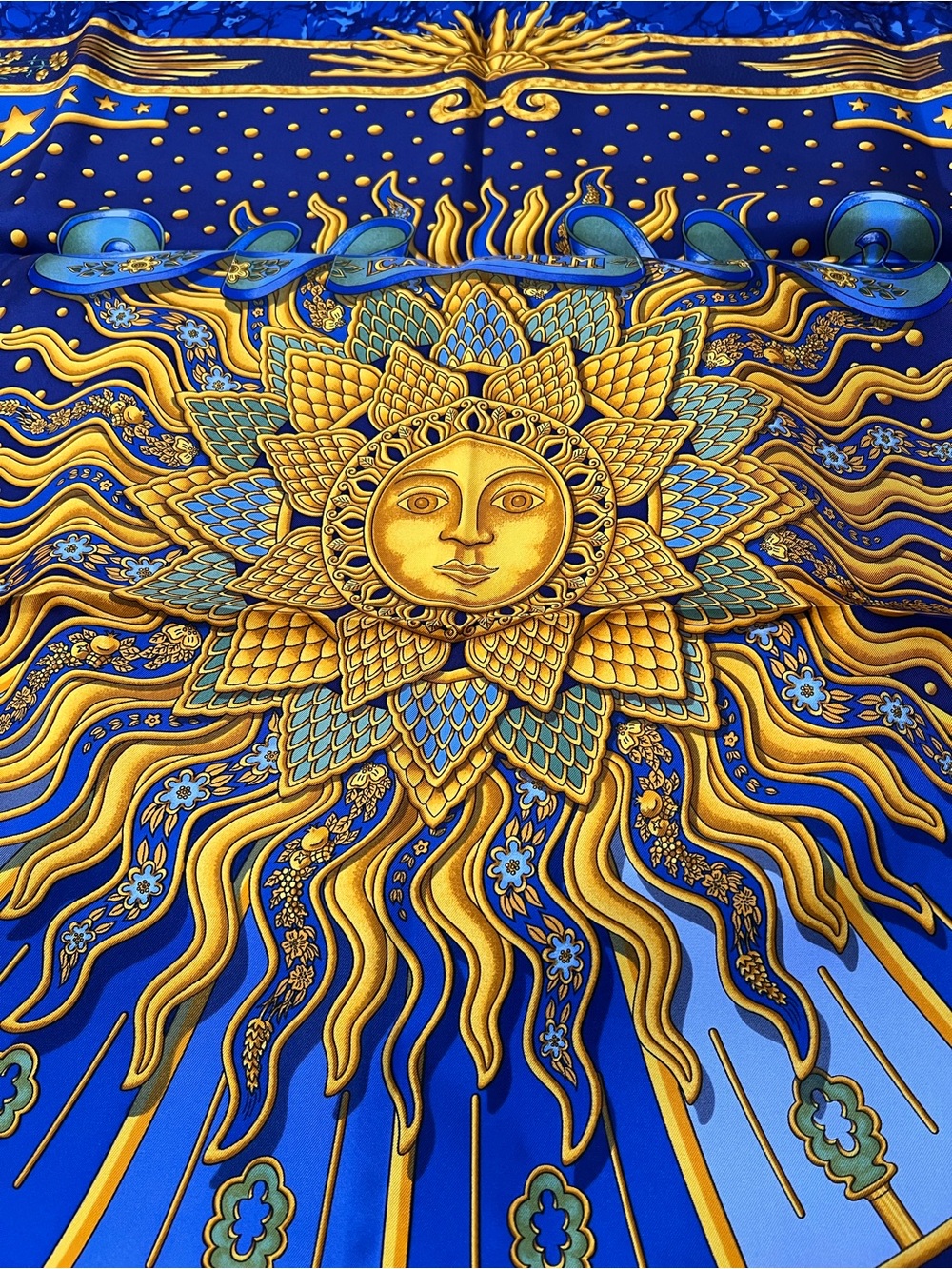 Hermes Blue & Gold Sun Motif Silk Scarf - Carpe Diem Carre 90 - New Without Tags